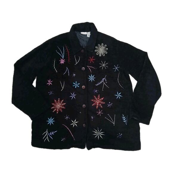 White Stag Jackets & Blazers - White Stag L 12/14 Black Button Front Jacket Embroidered Beaded Starburst Floral